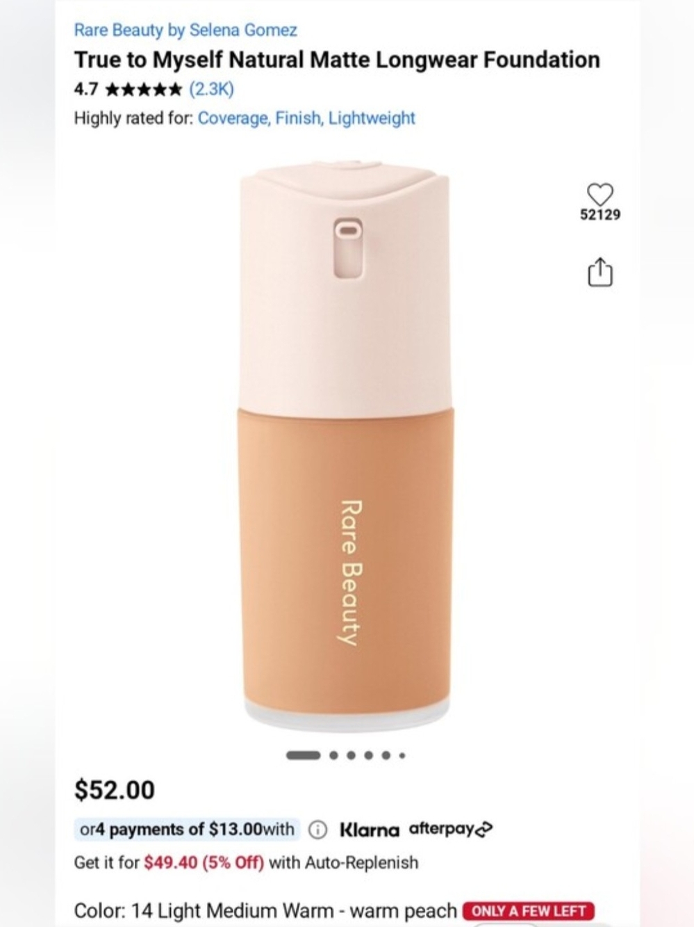 Rare Beauty True to Myself Foundation — Warm Peach (14 Light Medium Warm)